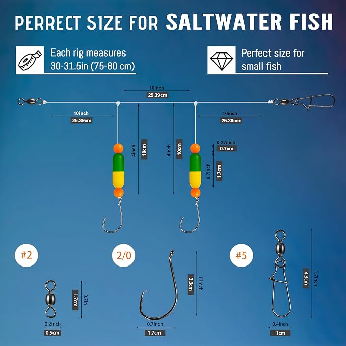 Pompano Rig Saltwater Surf Fishing Rigs – Double Drop Leader Rigs with Hooks, Floats, Beads & Snap – Easy Pre-Tied Terminal Tackle for Pompano, Whiting, Redfish