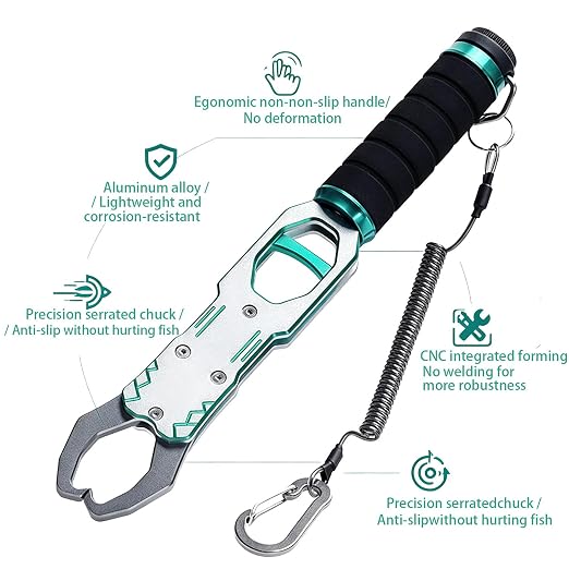 11" Aluminum Fish Lip Gripper with Scale, Built-in 40lb Scale Heavy Duty Fishing Grabber, Telescopic Rope, Fish Control Tackle 360° Swivel Non-Slip Handle