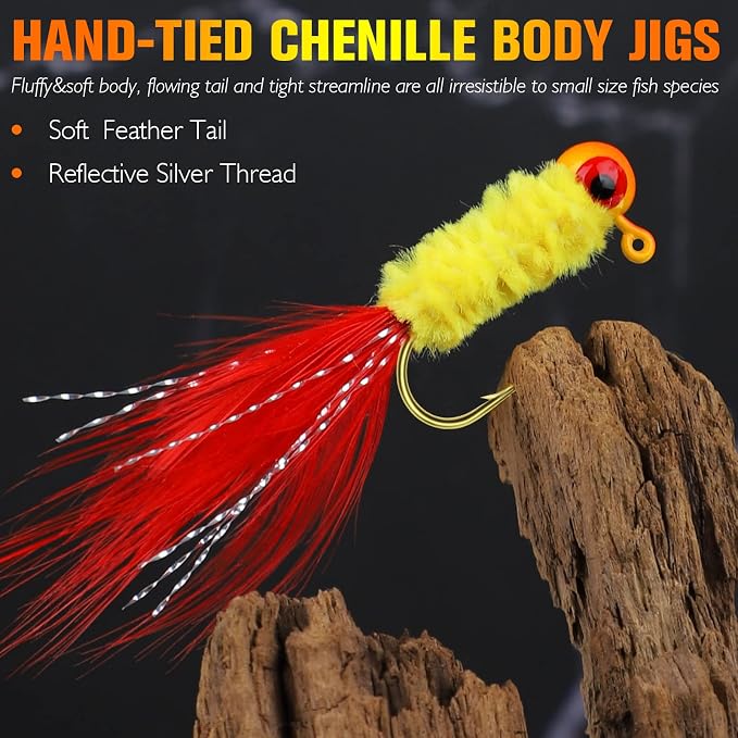 Dovesun Crappie Jigs, Jig Heads with Feather Hand-Tied Marabou Jigs Ice | Fly Fishing Lures 10 Colors 1/32oz 1/16oz 1/8oz Fishing Hair Jigs for Panfish Sunfish Walleye 20-40pcs