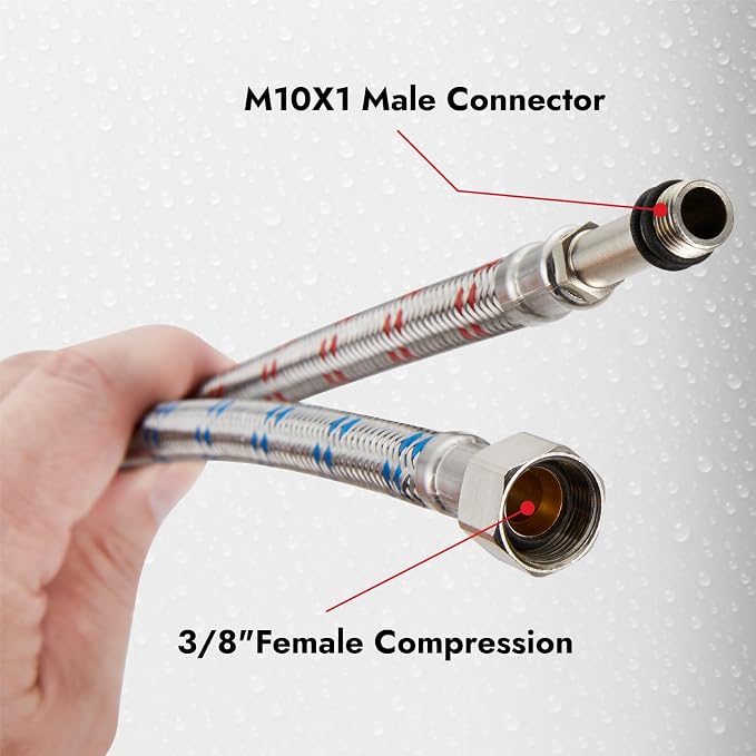 Midanya 32-Inch Long Faucet Water Supply Lines, Braided Stainless Steel Supply Hose 3/8-Inch Female Compression Thread x M10 Male Connector, x 2 Pcs (1 Pair)