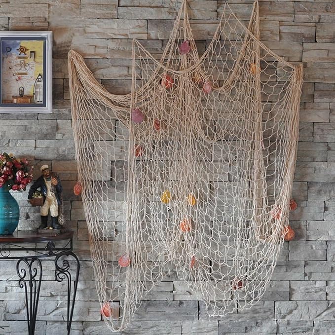 79 x 59 inch Nature Fish Net Wall Decoration with Shells, Ocean Themed Wall Hangings Fishing Net for Beach Party,Wedding,Photographing Decoration