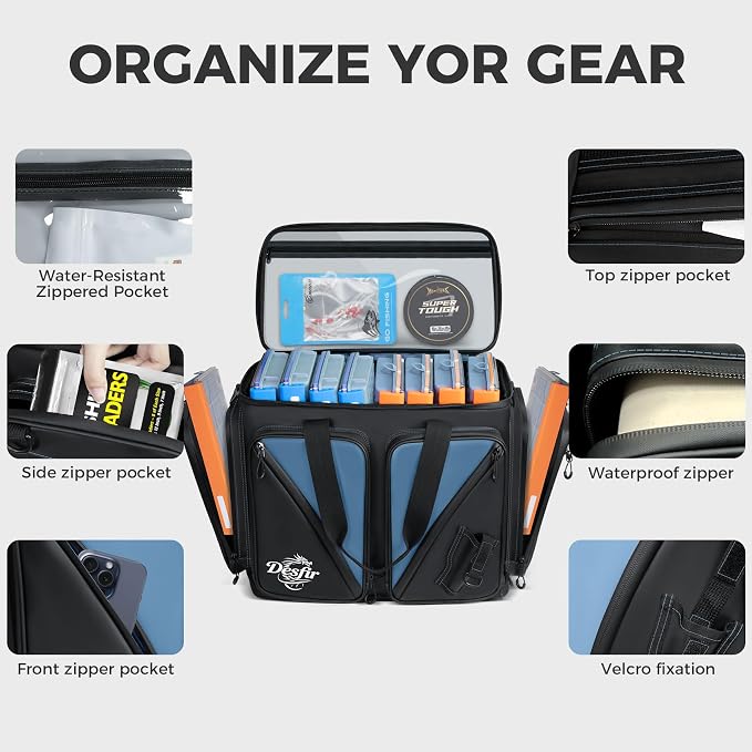 Handor Waterproof Fishing Tackle Bag, Large Saltwater Resistant Storage, 1000D PVC Material, Holds 3600 3700 Trays (Black and Blue, Medium Bag)