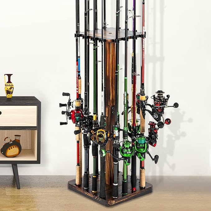 Ghosthorn Fishing Rod Holders for Garage 360 Degree Rotating Fishing Pole Rack, Floor Stand Holds up to 16 Rods Wood Fishing Gear Equipment Storage Organizer, Fishing Gifts for Men Women
