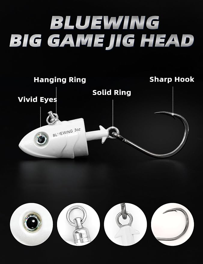 BLUEWING Jig Heads Saltwater 2oz,3oz,4oz,5oz,6oz,7oz Swimming Jigheads 1pc with High Carbon Steel Swing Hook and 6in/9in Replacement Tail Big Game Fishing Lures