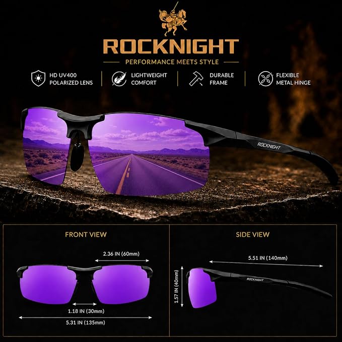 ROCKNIGHT Polarized Rectangular Sunglasses for Men Driving UV400 Protection Lightweight Al‑Mg Frame