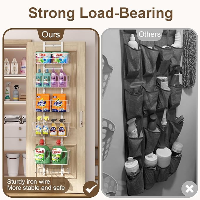 Adjustable Over The Door Organizer, Metal Hanging Door Organizer with 5 Wire Basket 7 Hooks, Wall Mounted Shelf for Pantry Closet Organization and Storage, White