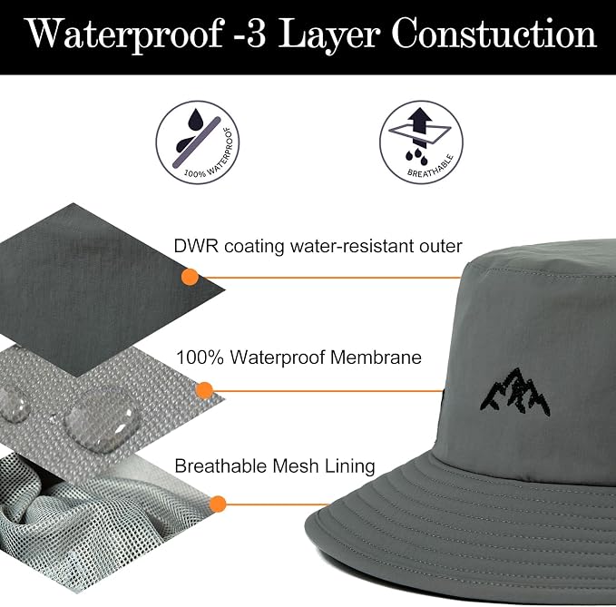 TOP-EX L/XL/XXL UV50+ Waterproof Bucket Sun Hat for Fishing Golf Hiking All-Weather Outdoor Rain Hat Stiff Brim