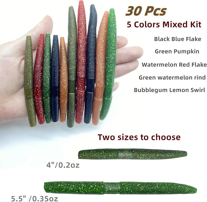 30 Pcs 5.5" /0.35oz,4"/0.2oz Senko Wacky Worms Soft Fishing Lures，Classics/Soft,5 Colors Mixed Kit Plastic Worm Stick Baits for Bass Freshwater Saltwater Fishing