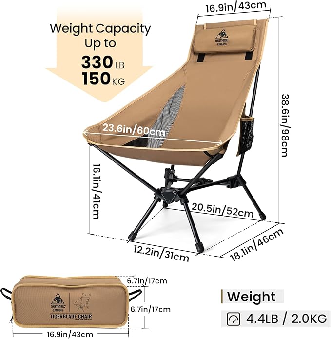 ONETIGRIS Tigerblade High Back Camping Chair with Pillow Design, Comfortable Widened Seat Folding Chair