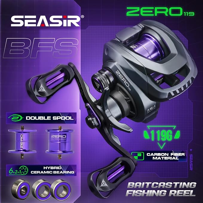 SEASIR Zero119 Ultralight Baitcasting Reel 4.2oz, BFS Fishing Baitcaster Reel, Double Spool, Freshwater Casting, Max Drag 9LB, 8+1 BB, 7.6:1 Ratio, Carbon Fiber Washer, Black & Purple