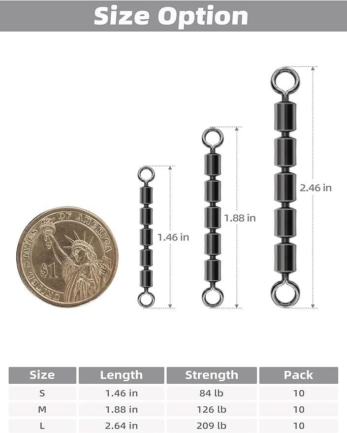 BLUEWING Fishing Barrel Swivels 84lbs/126lbs/209lbs High Speed Multi Link 5 Roller Chain Fishing Swivels Leader Lure Connectors Saltwater Freshwater Tackle, 10pcs