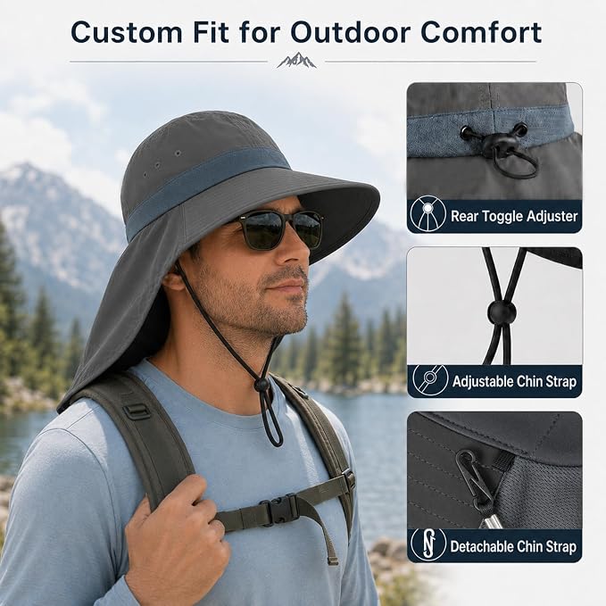 Palmyth Fishing Hat UPF 50+ Sun Hat Wide Brim Neck Flap Breathable Mesh Safari Hat UV Protection for Men Women