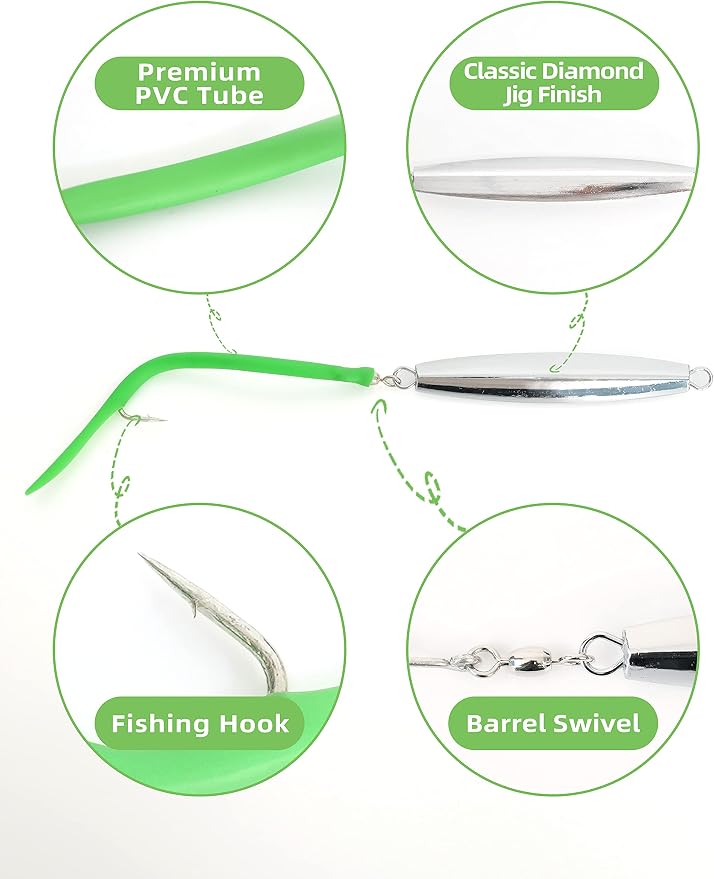BLUEWING Diamond Jigs Fishing Saltwater Lure 1oz,2oz,3oz,4oz 1pc with Split Tube Tail and Stainless Steel Hook