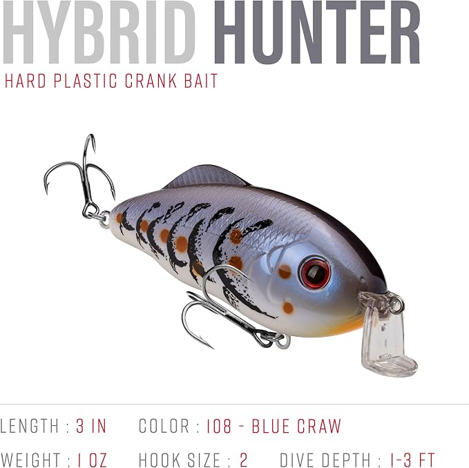 Strike King Hybrid Hunter Shallow Jr. Fishing Lure, Shallow Diving Crankbait, 90-Degree Bill, 3D Eyes, Loud Rattle, Dives 1 to 3-Feet,Size 4 & 6 Treble Hooks