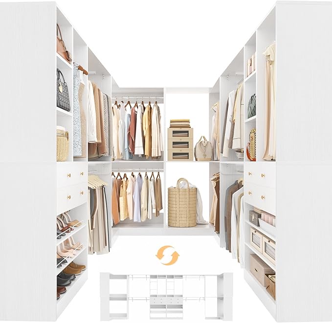 Closet System with 4 Drawers & Corner Tower, Closet Organizer System with 10 Hanging Robs, Reversible U Shaped Walk-in Closet System, Load 3600+LBS Capacity, Set of 4, White
