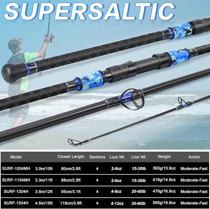 Sougayilang Surf Fishing Rod Portable Travel MH/H Surf Spinning Rod 4 Piece Carbon Fiber Saltwater Fishing Rod 10'/11'/12'/15'