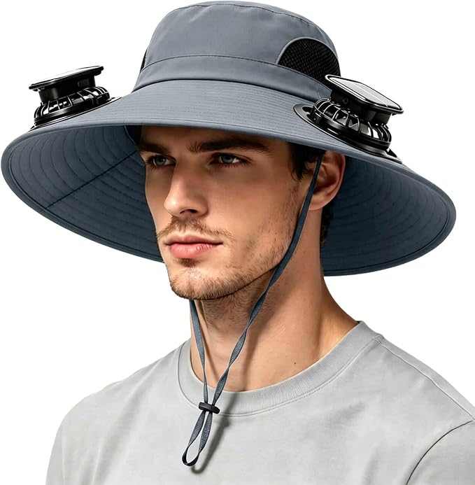 Solar Powered Fan Hat for Men Women Wide Brim Hat with 2 Fans UPF 50+ Outdoor Fishing Beach Sun Hat