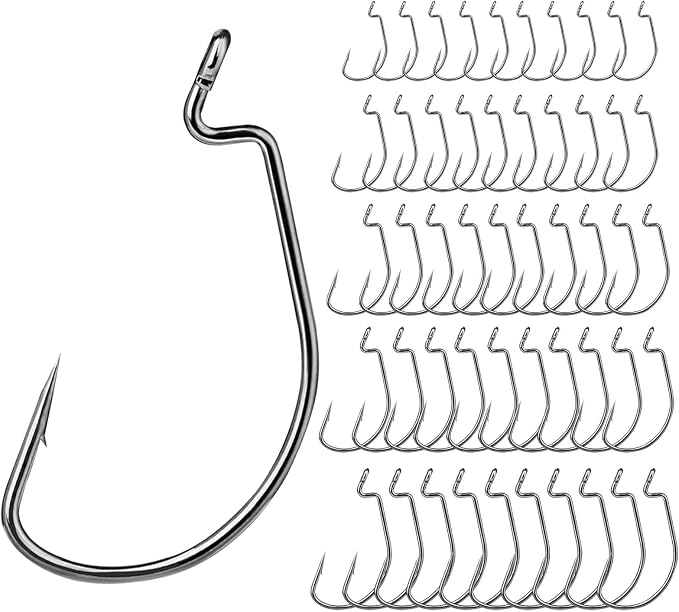 EWG Fishing Hooks 50Pcs Wide Gap Offset Worm Hook Sharp Strong Texas Rig Kit for Freshwater and Saltwater Fishing Multi-Size Set