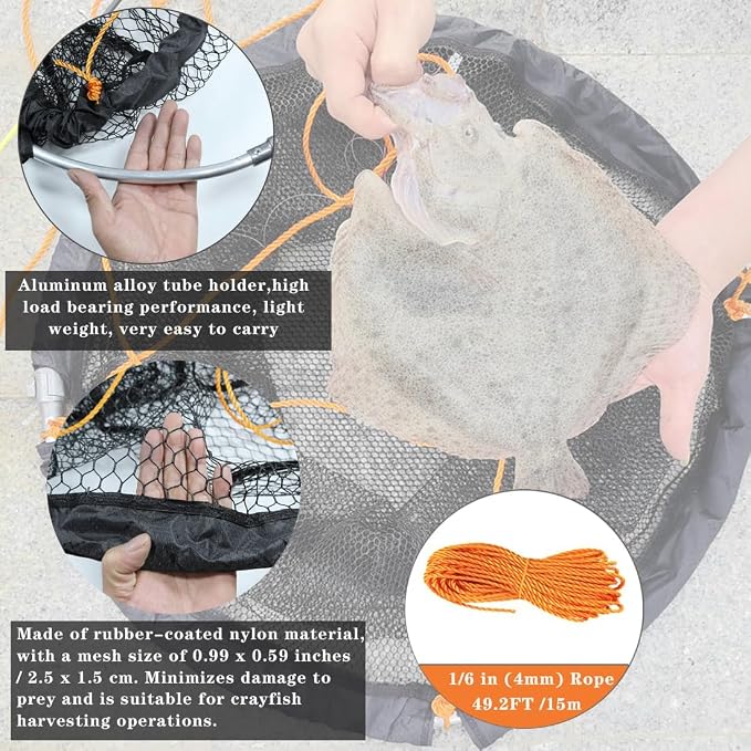 Drasry Foldable Bridge and Pier Fishing Landing Net - High Load-Bearing Aluminum Ring Drop Net for Saltwater Freshwater - Collapsible Basket With 49.2 FT Rope