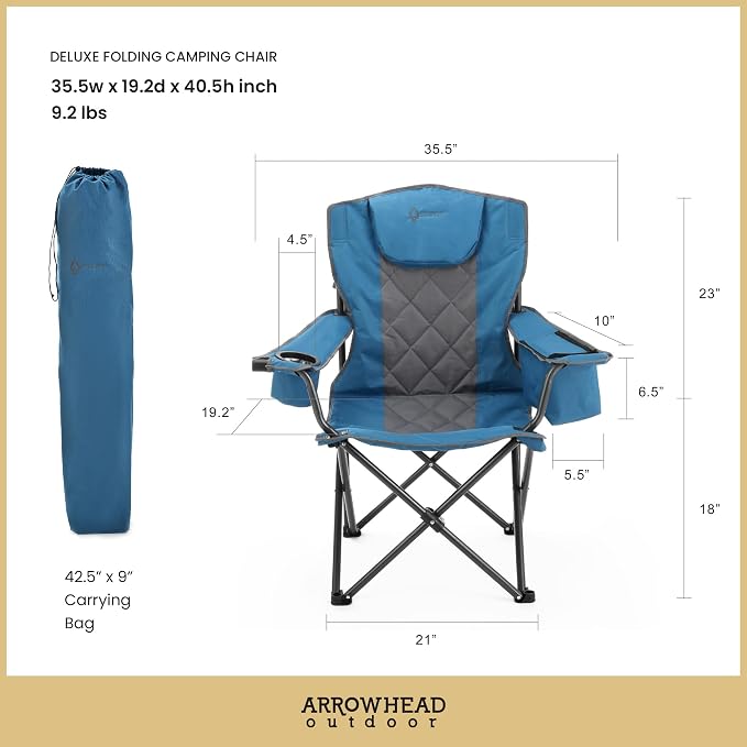 ARROWHEAD OUTDOOR Deluxe Folding Camp Chair – 550lb Capacity Heavy-Duty Quad Chair with Integrated Cooler, Headrest, and Dual Cup Holders.