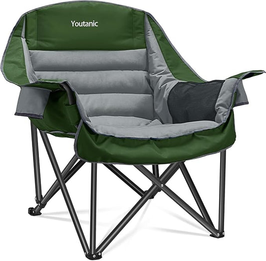 Youtanic Oversized Extra Large Padded Camping Chair, up to 400lbs, Folding Camping Chairs with Side Pocket, Carry Bag, Heavy Duty Outdoor Camp Chairs for Adults, Fishing, Sports, Trip, Gray-Green