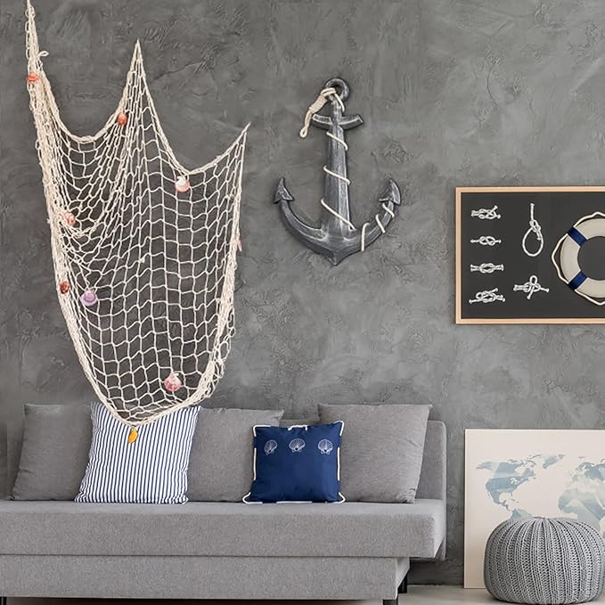 12 Pieces Natural Fish Net Decoration 80" x 40", Wall Hanging Cotton Fishnet Decor for Underwater, Mermaid, Pirate, Hawaiian, Nautical Ocean Theme Beach Bash Party Decoration (Beige)