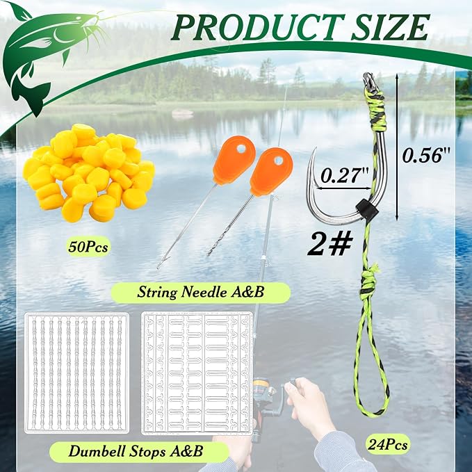 Seenelling 78 Pcs Carp Fishing Hair Rigs Bait Carp Rigs Kit Includes 24 High Carbon Steel Curved Barbed Hook 50 Fake Corn Lures 2 Line Bait Stopper 2 Needle Fishing Equipment Accessories