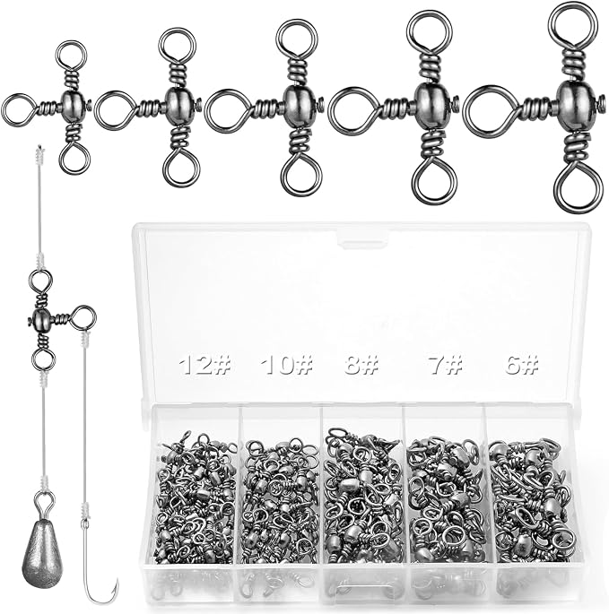 Realure 100Pcs Three Way T-Shape Fishing Swivels, 5 Sizes 6#~12# Black Nickel Stainless Steel Terminal Tackle, Freshwater Saltwater Three-Way Rig Connector for Catfish Walleye Bottom Fishing