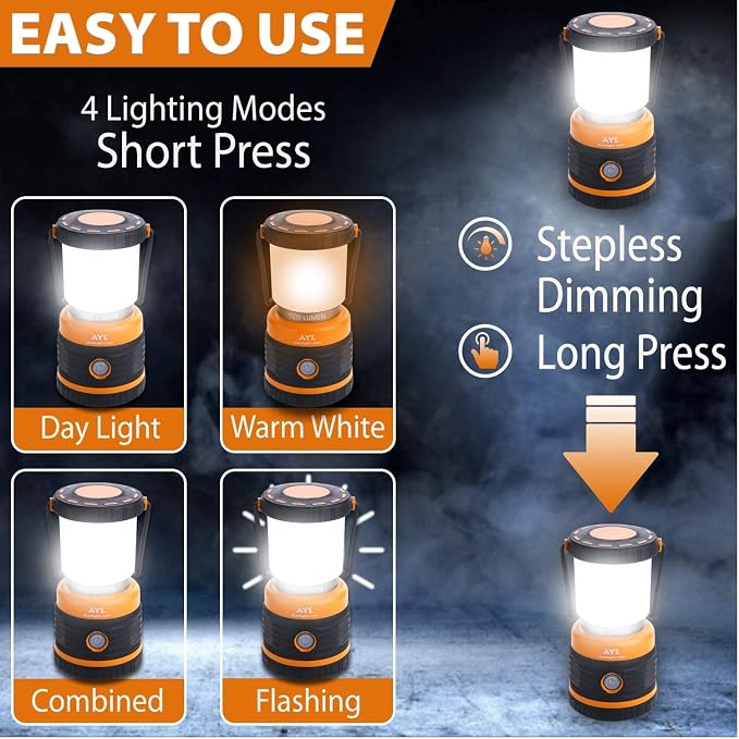LED Camping Lantern Rechargeable, 1800LM, 4 Light Modes, 4400mAh Power Bank, IP44 Waterproof, Perfect Lantern Flashlight for Hurricane, Emergency, Power Outages, Home and More, with USB Cable (2 Pack)