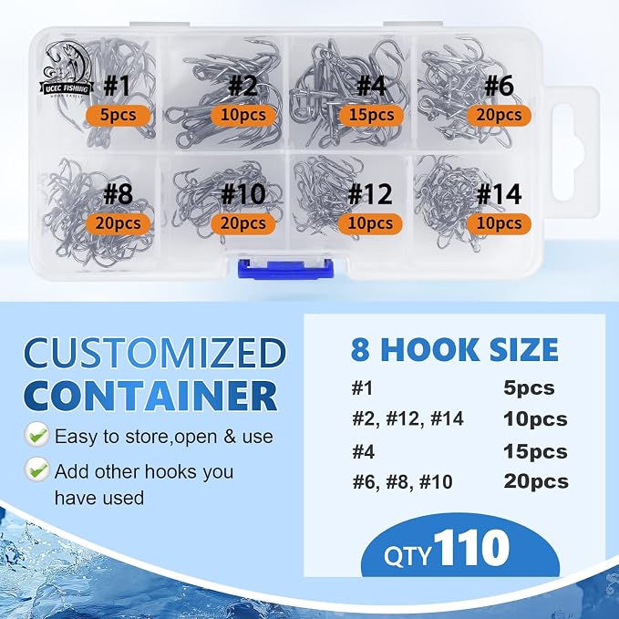 UCEC Fishing Hooks Treble Hooks Kit for Saltwater Freshwater, High Carbon Steel Strong Sharp Round Bend for Catfish Trout Hard Baits Lures, Size #1#2#4#6#8#10#12#14 110/50/210 Pack with Split Rings