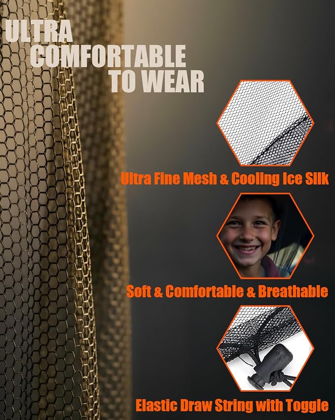 Mosquito Head Net, 2 Pack Ultra Fine Ice Silk Cooling Breathable Soft Large Long Mesh for Outdoors, Fits Most Hats