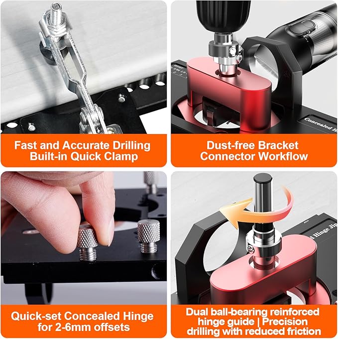 M-T Concealed Hinge Jig with Quick Clamp and Dust Vacuum Adapter 35mm Cabinet Door Hinges Jig Hole Drilling Hardware Jigs for Woodworking Door Cabinet Mounting Tool