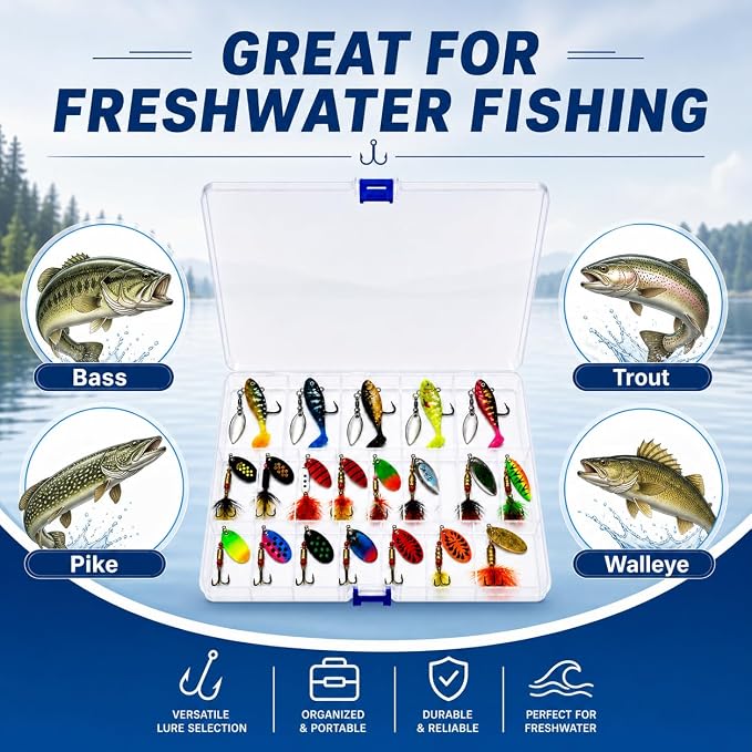 Fishing Spinner Lures Kit 10/15/16/20PCS, Inline Spinner Baits with Treble Hooks and Feather Tails, Metal Fishing Lures for Trout Bass Salmon Panfish, Multi-Color Freshwater Fishing Tackle Set