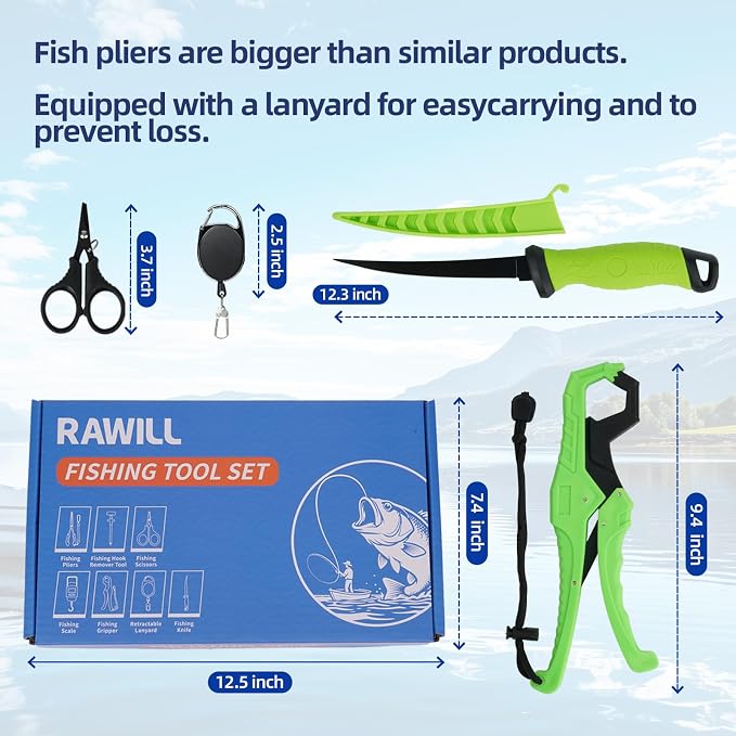 RAWILL Fishing Kit,Filleting Knife,Hook Remover,Fish Grip, Line Cutter,Fishing Scale, Pliers with Lanyards,Not Include Batteries