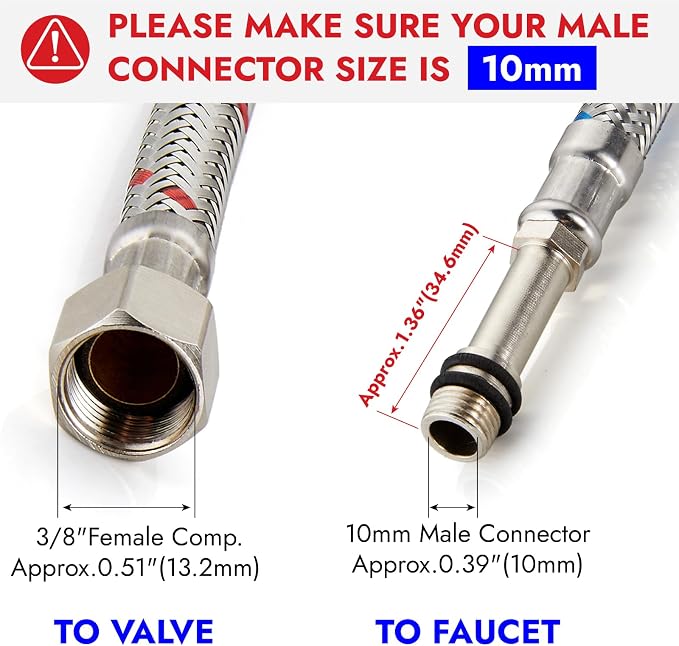 Midanya 16-Inch Long Faucet Water Supply Lines, Braided Stainless Steel Supply Hose 3/8-Inch Female Compression Thread x M10 Male Connector, x 2 Pcs (1 Pair)