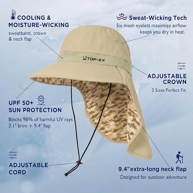 TOP-EX Cooling Sun Hat with Neck Flap – UPF 50+ Wide Brim Breathable Hat for Hiking, Fishing & Big Heads