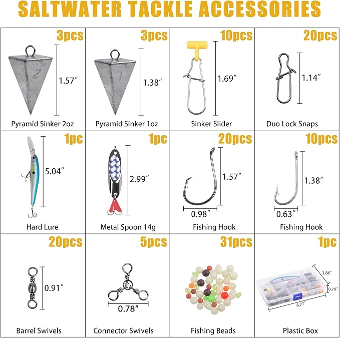 Saltwater Fishing Tackle Kit, 136pcs Surf Fishing Gear Fish Finder Rigs Saltwater Fishing Lures Crankbait Spoon Pyramid Sinker Fishing Hooks Leaders Swivels Ocean Fishing Tackle Accessories