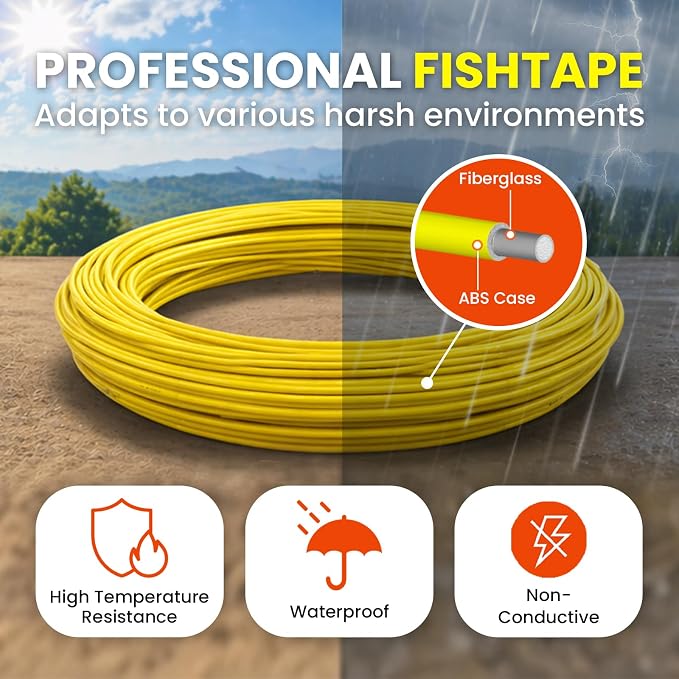 492FT 1/4 inch(6MM) Fish Tape Fiberglass with Meter Markings, Duct Rodder Cable Puller with Steel Reel Stand, Fishing Tools for Walls and Electrical Conduit, Non-Conductive