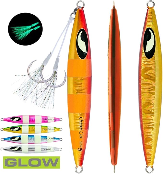 OCEAN CAT Lead Metal Flat Slow Fall Pitch Fishing Jigs Lures Sinking Vertical Jigging Bait with Butterfly Hook for Saltwater Fishing