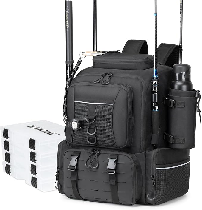 WANOON Fishing Backpack 45L with 4 Tackle Boxes, Durable & Comfortable Fishing Bag,Waterproof Insulated Bait Pocket & 4 Rod Holders