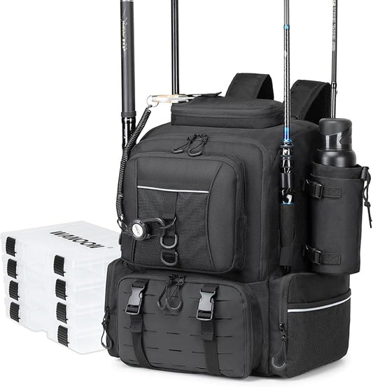 WANOON Fishing Backpack 45L with 4 Tackle Boxes, Durable & Comfortable Fishing Bag,Waterproof Insulated Bait Pocket & 4 Rod Holders