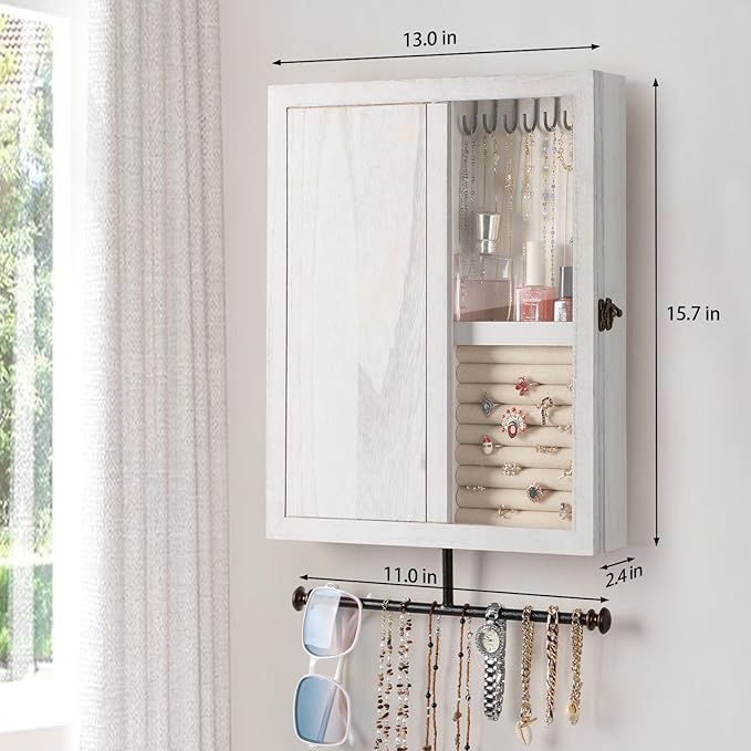 Keebofly Wall Mounted Jewelry Organizer With Rustic Wood Large Space Jewelry Cabinet, Holder, Storage Box for Necklaces, Earrings, Bracelets, Ring Holder, and Accessories White