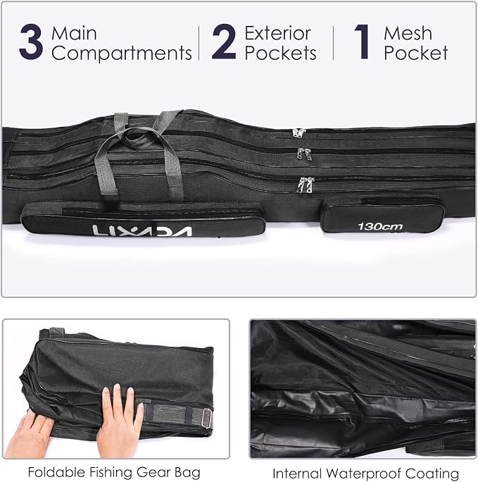 Lixada Fishing Rod Case, 3 Layers Oxford Fishing Rod Bag, Portable Foldable Fishing Pole Bag, Fishing Rod Carrier Fishing Tackle Storage Bag Travel Carry for Fishing Gear & Equipment