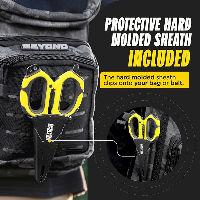 Beyond Fishing 6.5" Pro Fishing Shears Dual Serrated Blades, Fishing Braided Line Scissors with Titanium Coating, Non-Slip Grip & Multifunction Tool, Includes Hard Molded Locking Sheath