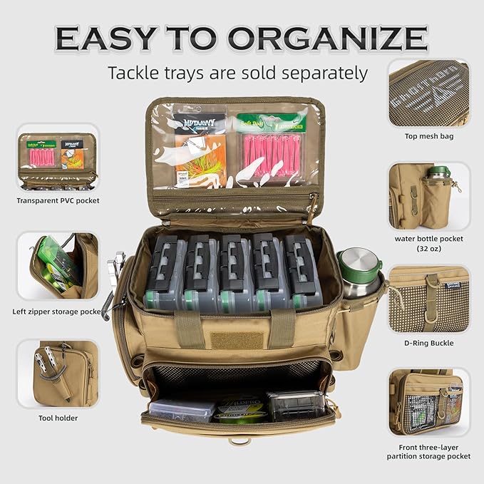 Ghosthorn Fishing Tackle Bag with Rod Holder Saltwater & Freshwater Resistant Tackle Box Bag - Adjustable Padded Shoulder Strap (Khaki)