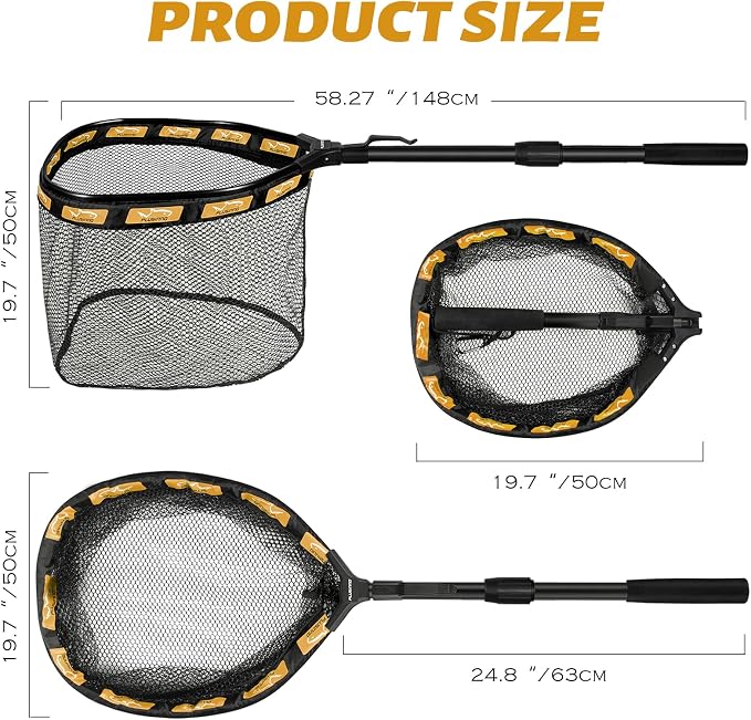 PLUSINNO Fishing Net Fish Floating Landing Net, Kayak Nets with Fixed Foldable Telescopic Pole Handle, Bass Trout Fishing Nets with Nylon Mesh for Pond Lake River, Fishing Gear Gifts for Men Anglers
