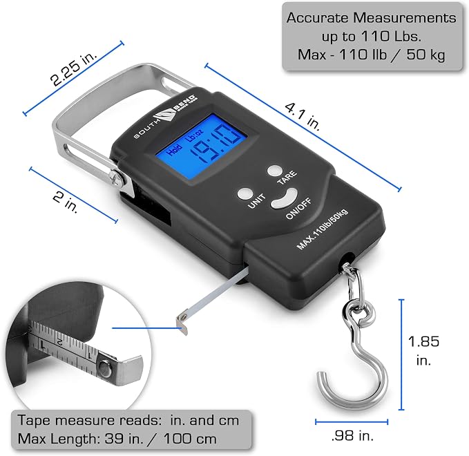 South Bend Digital Hanging Fishing Scale and Tape Measure with Backlit LCD Display, 110lb/50kg Weight Capacity (Batteries Included)