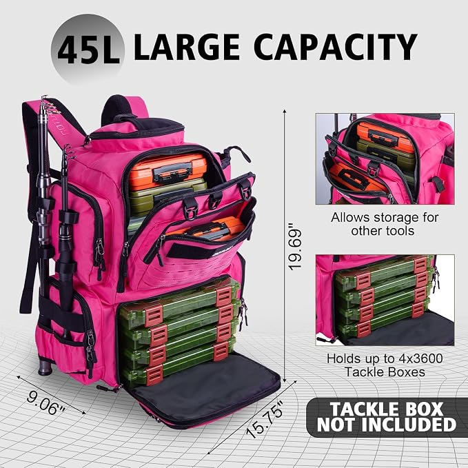 Goture Fishing Backpack,900D Water-Resistant Tackle Backpack with Rod Holders,45L Large Fishing Bag Storage Gear Tackle Bag with Rain Cover,Bottle Holder for Travel Camping Hiking(Without Tackle Box)