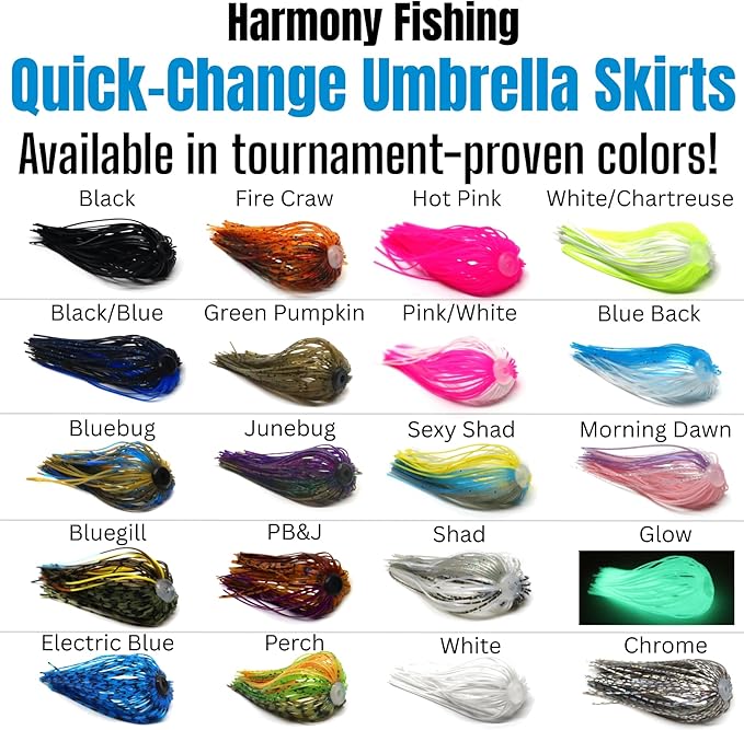 Harmony Fishing – Quick Change Umbrella Skirts for Fishing Jigs, Spinnerbaits, Buzzbaits, Lures, Baits (10 Pack)