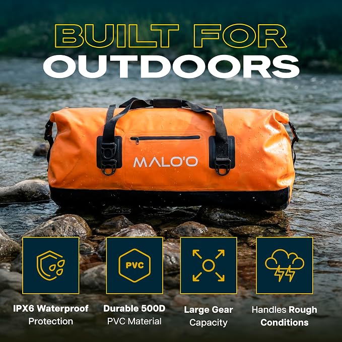 Malo’o Waterproof Dry Duffel, Heavy-Duty Roll Top Waterproof Gear Bag with Shoulder Strap & Molle Loops, Marine Duffel for Kayaking, Boating, Camping, Beach & Travel, Orange, 100L